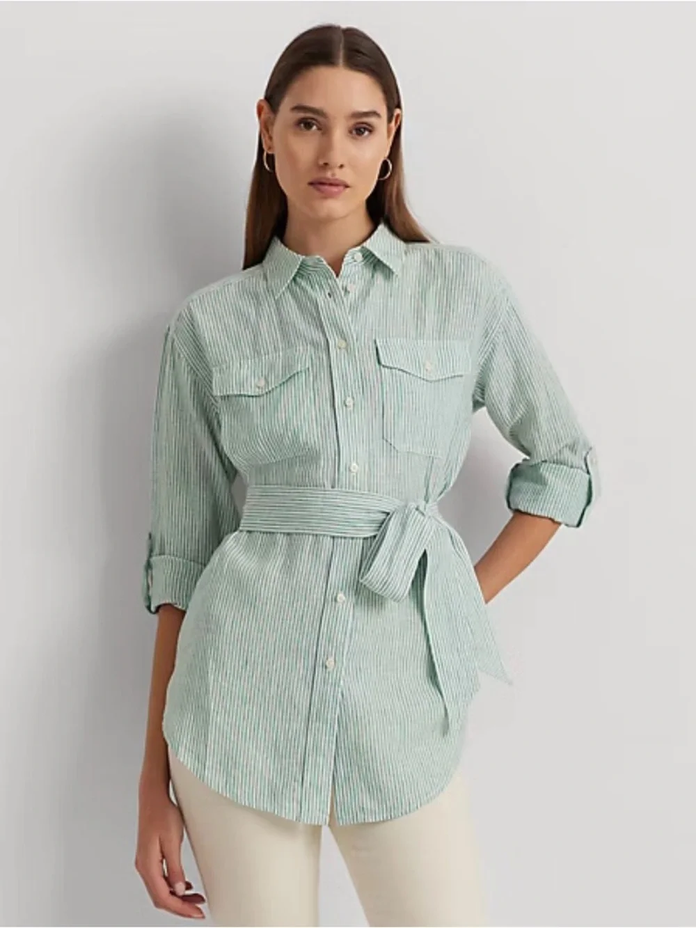 Ralph Lauren Relaxed Fit Striped Belted Linen Shirt NWOT Size Large